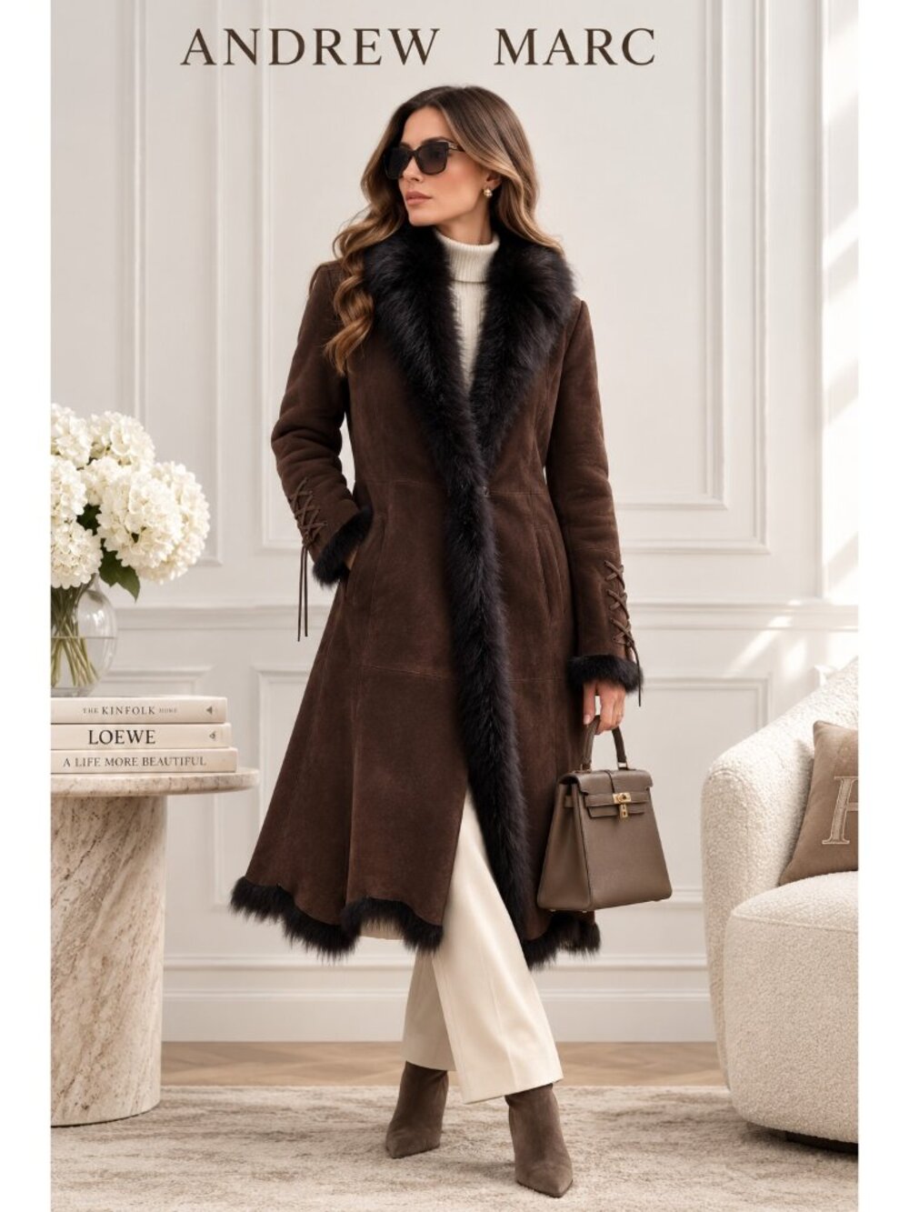 Andrew Marc 100% Lamb Shearling Suede Fur Trim Long Coat Brown L Made in Spain
